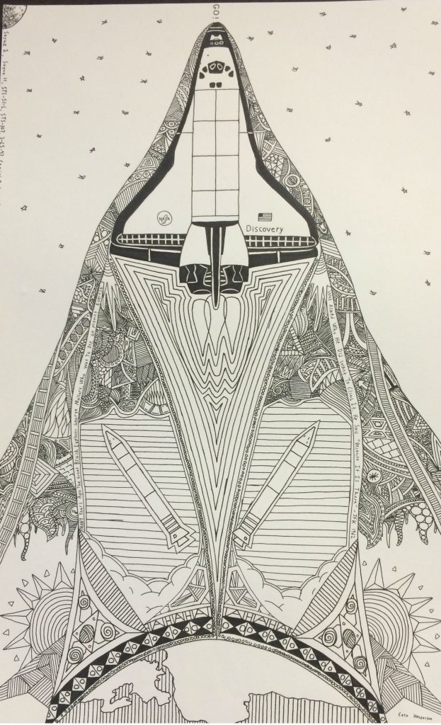 Drawing of the Discovery Space Shuttle drawn by junior Colin Henderson complete with intricate patterns (Photo Credit: Erin Dean).