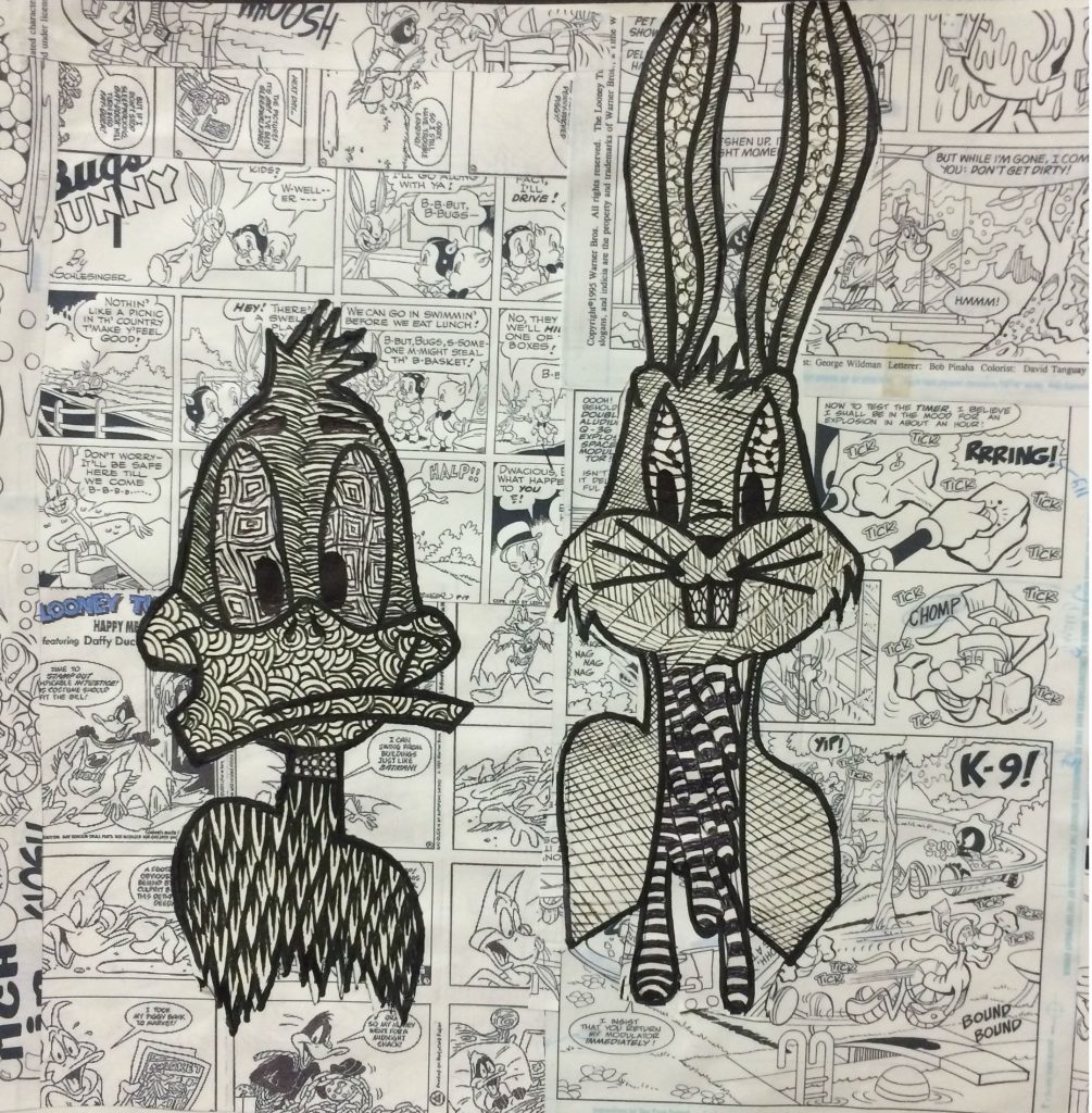 Sophomore Diamond Williams’ use of comic strips in the background enhance her patterned cartoon depictions of Bugs Bunny and Daffy Duck (Photo Credit: Erin Dean).