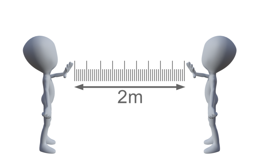 Two cartoon figures stand two meters (six feet) apart to promote social distancing.
