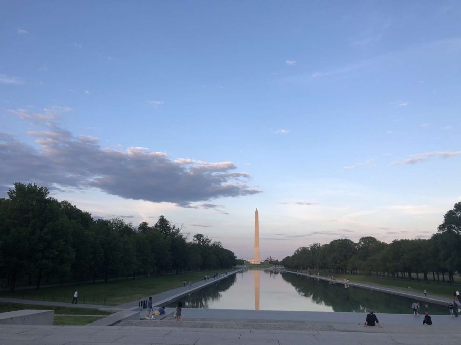 A far-away shot of the Lincoln Memorial