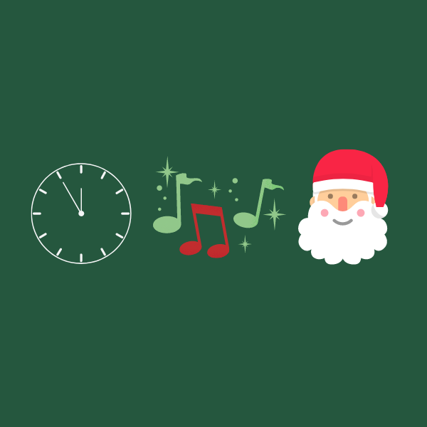 A graphic of a clock, music notes, and Santa Claus.