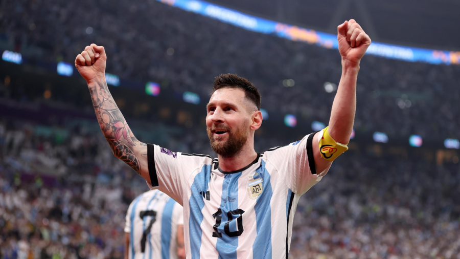 Argentinian striker Lionel Messi (10) pumps his fists in the air as Argentina wins the 2022 World Cup. (Photo courtesy of Eurosport)