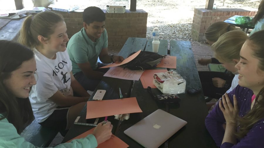 Students working at a picnic table