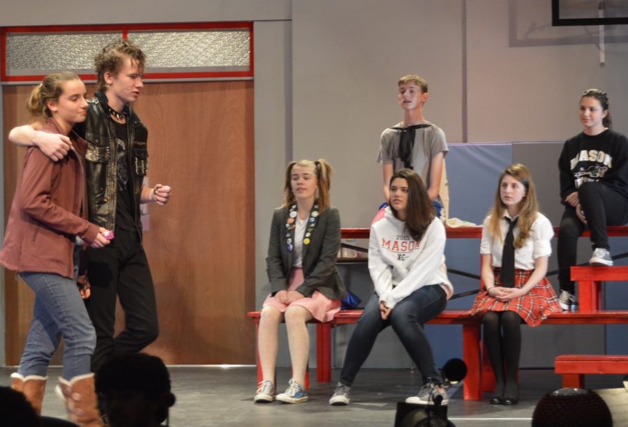 The 25th Annual Putnam County Spelling Bee actors rehearse for opening night Thursday, November 19. Pictured (L-R); Claire Dawes,  Michael Curtin, Sarah Edwards, Nicole Hornbuckle, Miles Jackson, Justine Stolworthy, Rachel Skomra. (Photo by Megan Hayes)