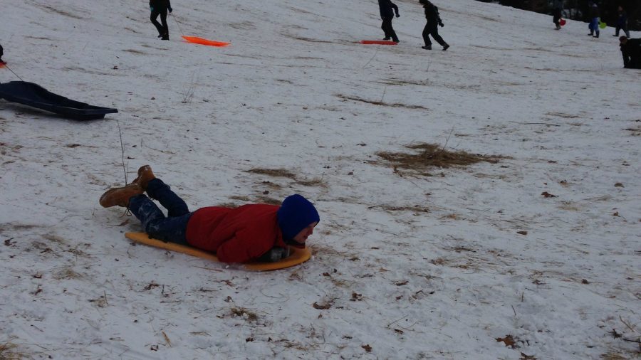 A boy sledding down a slope.