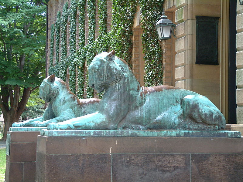 The Princeton University tigers, named Woodrow and Wilson, stand outside Nassau Hall.