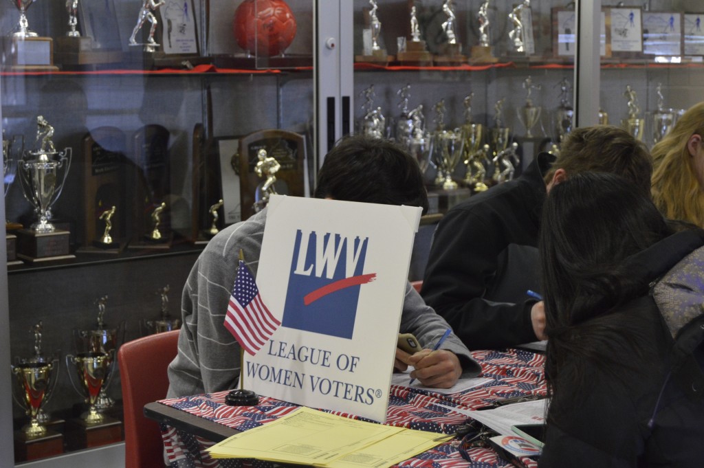 A League of Women Voters table at school.