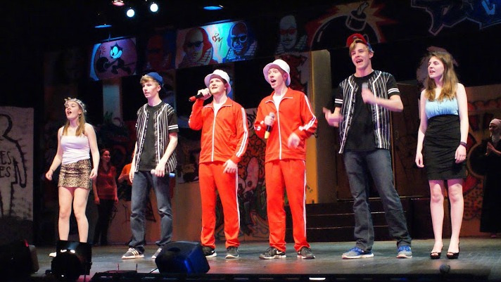 From left to right: Luciana (played by junior Sarah Edwards), Antipholus of Syracuse (played by sophomore Michael Curtin), Dromio of Ephesus (played by junior Alec Reusch), Dromio of Syracuse (played by junior Austin Yoder), Antipholus of Ephesus (played by sophomore Braxton Puentes) and Adrianna (played by junior Justine Stolworthy) (Photo Courtesy of Carol Sly).