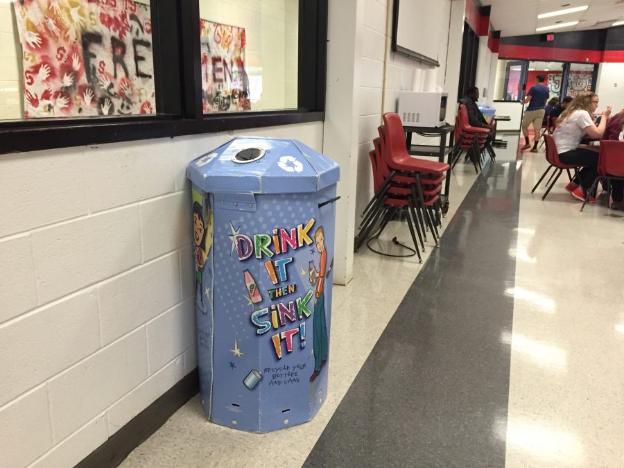 This recycling container is one of two in the cafeteria. They are both in the back, next to the microwaves. (Photo by Caroline Perez)