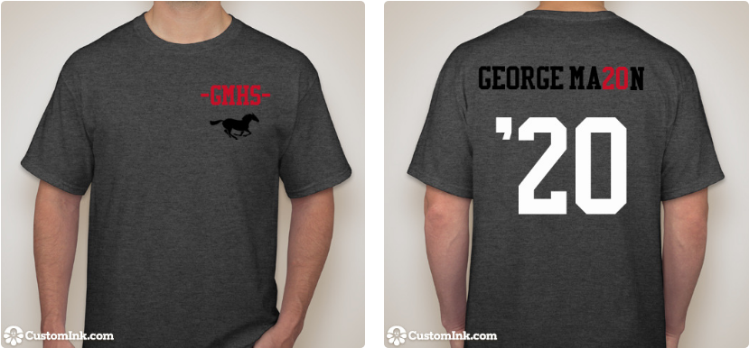 A sample T-shirt for the class of 2020 with the Mustang in the front and a large 20 in the back.
