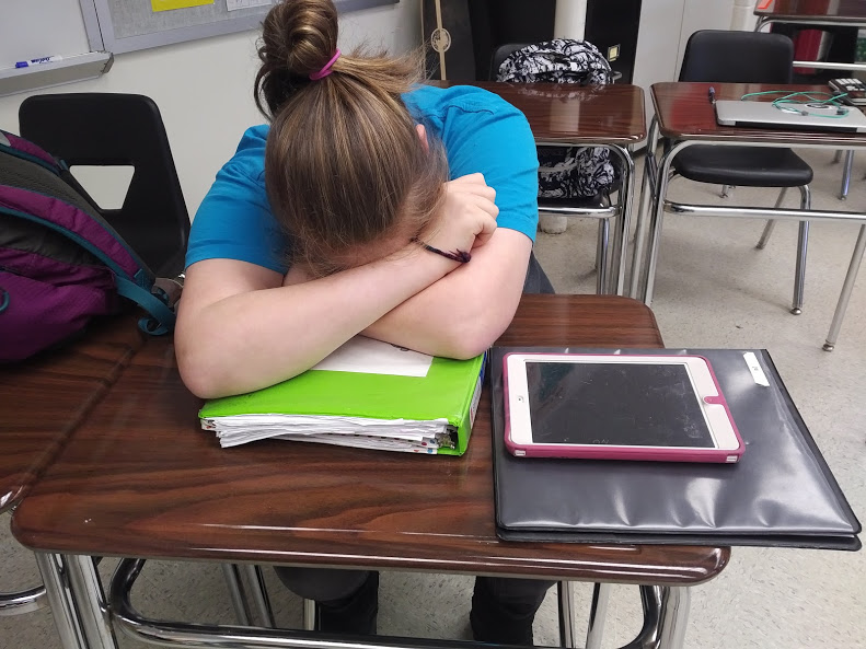 A student sleeps at her desk