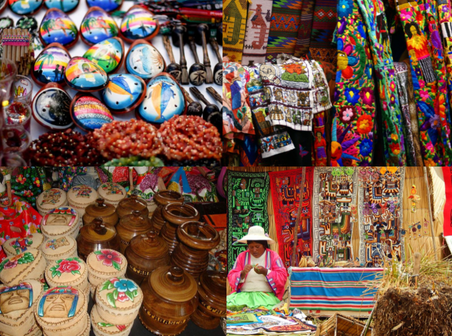 Diverse and colorful types of handicrafts from Venezuela (top left), Guatemala (top right), Mexico (lower left) and Peru (lower right), which are one of the major symbols of the Hispanic and Latino culture. (Photos via Wikimedia)