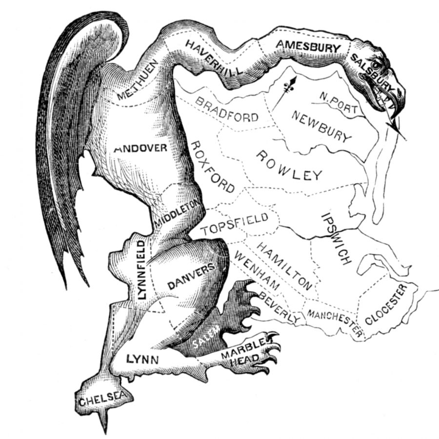 A political cartoon published in March 1912 to mock the unusal shape of Massachussetts  district Essex County.  (Photo Courtesy of Wikipedia)