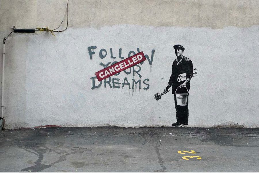 “Follow Your Dreams, Cancelled” by Banksy, appearing in Boston. (Photo Courtesy via  banksy.co.uk)