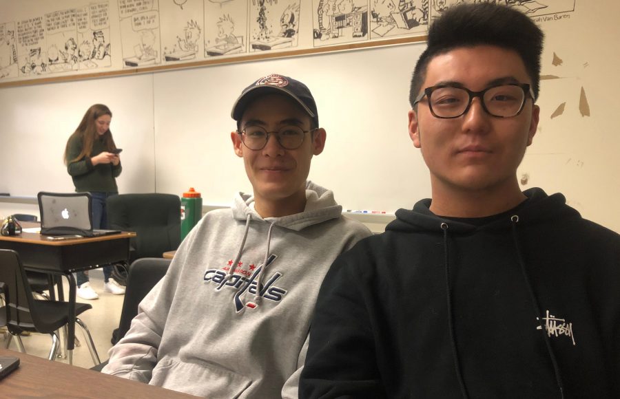 Senior Matthew Lyng (left) and Chinese exchange student Merlin Xu (right). These new best friends met through the recent  Chinese exchange trip, and said they  knew it would blossom into a lifelong friendship when they learned of each others fashion and music taste. (Photo by Laura Whitaker).
