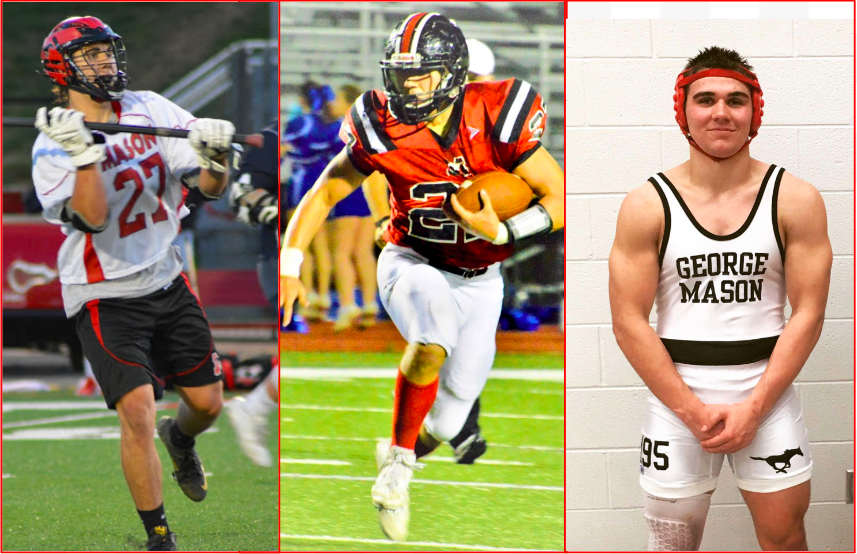 Senior Finn Roou plays football, lacrosse and does wrestling at Mason. He has received numerous achievements throughout his four seasons on varsity football and lacrosse, and placed fifth during his first year on the wrestling team. (Photo collage by Jack Felgar)