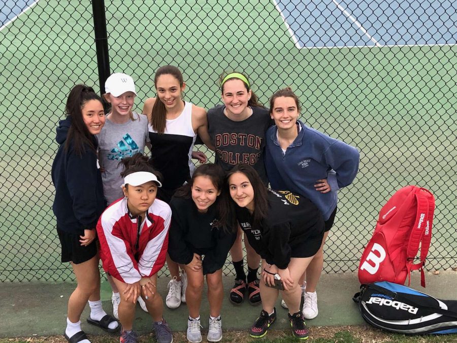 The+top+eight+players+of+the+girls+tennis+team+pose+for+a+photo+after+playing+Central+Woodstock+on+April+23.+For+away+games%2C+only+the+highest+ranked+players+travel.+%28Top+row%2C+from+left+to+right%3A+sophomore+Ciel+Pak%2C+eighth+grader+Emerson+Mellon%2C+freshman+Maia+Vollen%2C+junior+Katherine+Stricker%2C+junior+Clare+Doss.%0ABottom+Row%3A+sophomore+Carolyn+Baek%2C+junior+Isobel+Lu+and+junior+Maria+Morris.+%28Photo+courtesy+of+Stephen+Whitcomb%29+