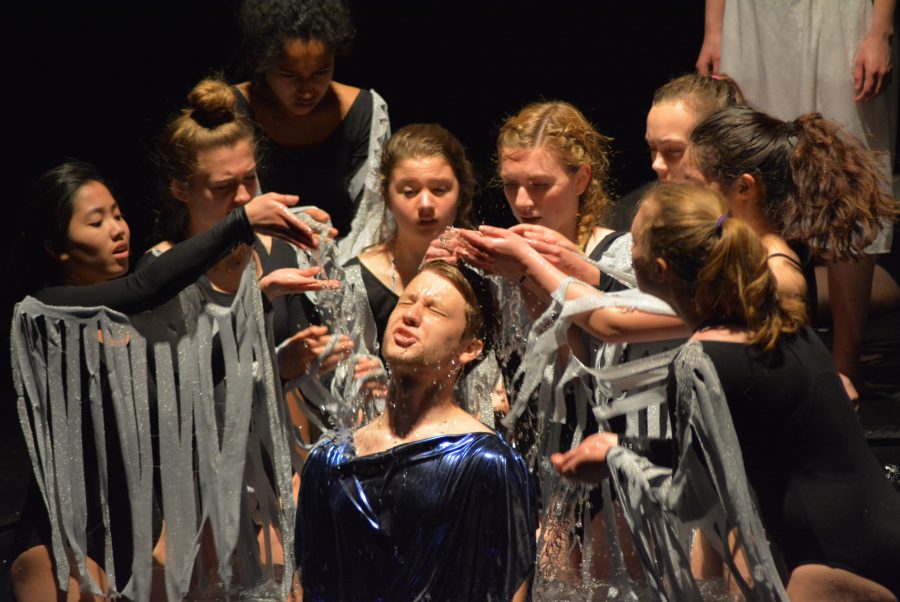 Senior Charlie Boland, center, in the water scene from the spring play, Metamorphases