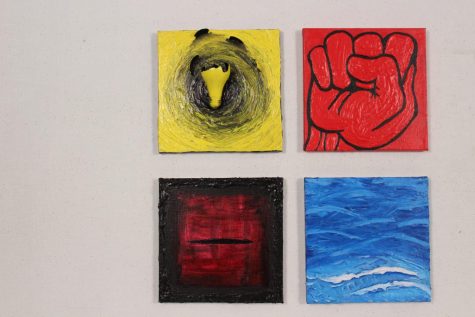 Alt text: Four textured paintings by Malina Krotzer.