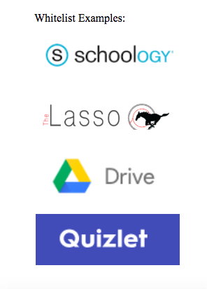 Shows a list of different whitelist examples, including schoology, GMHS Lasso, Google Drive, and Quizlet.