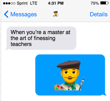 A text conversation with an artist emoji.