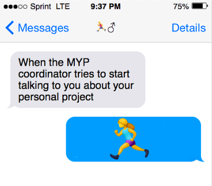 A text conversation with a running woman emoji.