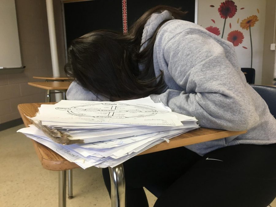 A+student+puts+her+head+on+a+desk+with+papers.