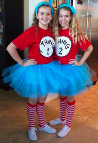 Girls dressed as Thing 1 and Thing 2.