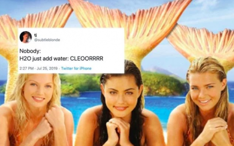 A photo of mermaids with a Photoshoped tweet above it.