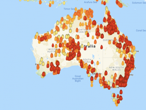 A map with current fires in Australia
