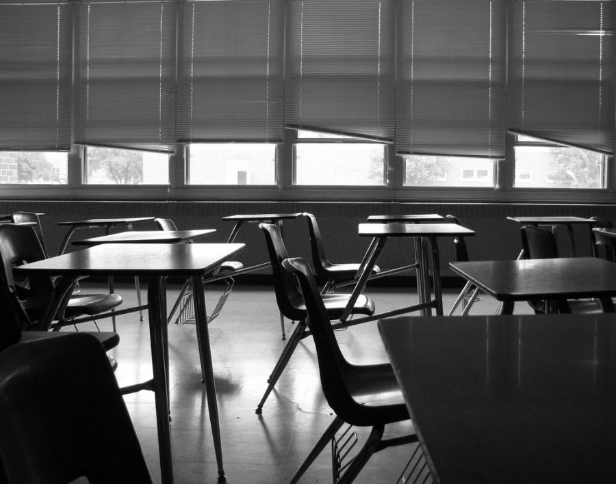 Empty classroom with empty desks