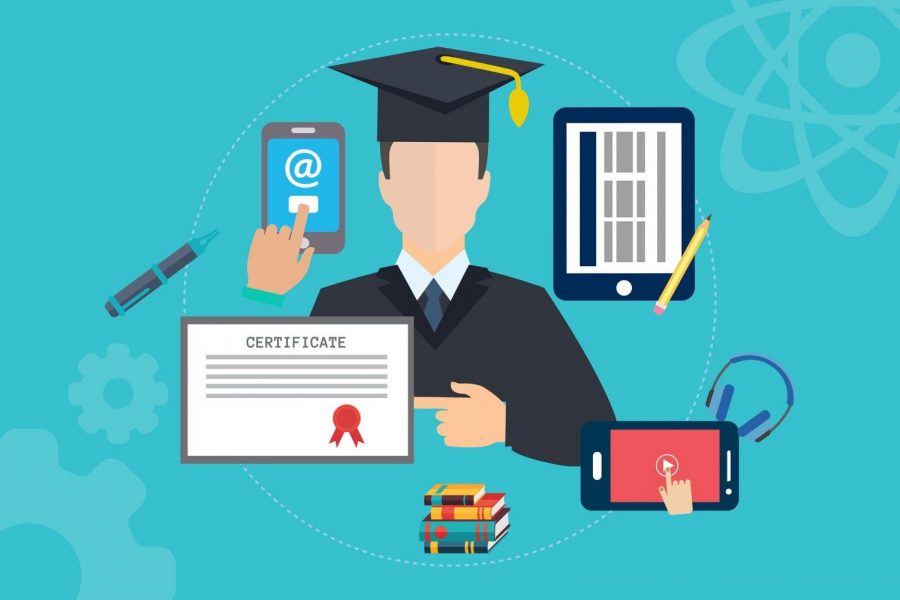 Clipart of person with cap and gown with tablets.