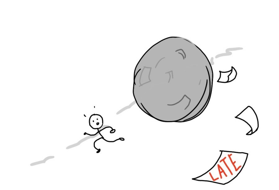 cartoon of student running from snowball of homework