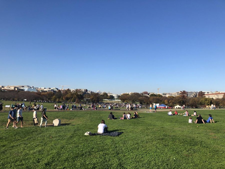 Residents of DC sit on the National Mall facing towards the White House on November 7, 2020, when most major news outlets called the election for President-elect Biden. Since then, President Trump has promoted conspiracies about election fraud, eventually leading to a rally inciting violence against the Capitol on January 6. Now, several Trump officials are resigning, citing President Trumps role in the violence. (Photo by Sequoia Wyckoff)