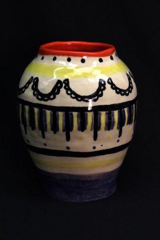 A colorful vase made in the ceramics class.
