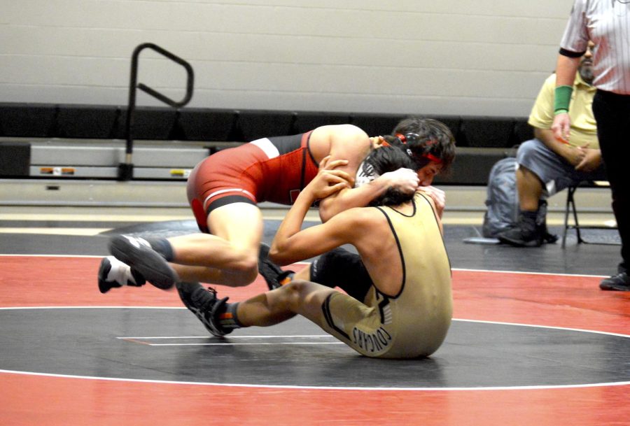 Junior Jeremy McInerney hovers in the air for a takedown. (Photo by Rachel Grooms)