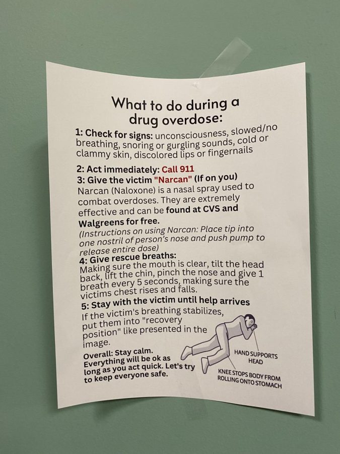 Signs such as these have been posted on the walls of Meridian bathrooms. The signs include steps to take in case of a drug overdose. (Photo by Sophia Borghesani)