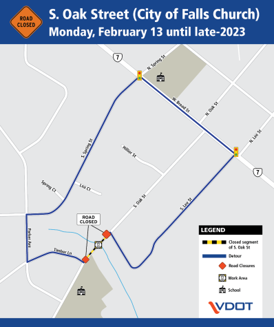 Starting February 13, the section of South Oak Street between Timber Lane and South Lee Street has been closed to traffic as the bridge that runs over Trips Run is being replaced. This map recommends alternative routes. (Photo courtesy of the Virginia Department of Transportation)