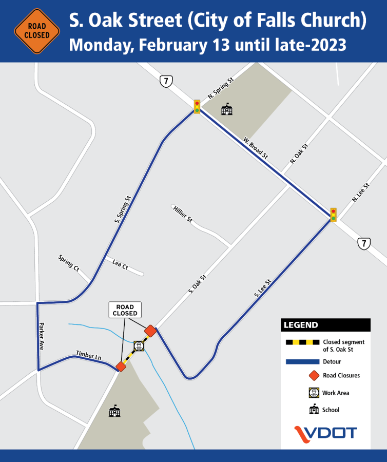Starting February 13, the section of South Oak Street between Timber Lane and South Lee Street has been closed to traffic as the bridge that runs over Trips Run is being replaced. This map recommends alternative routes. (Photo courtesy of the Virginia Department of Transportation)