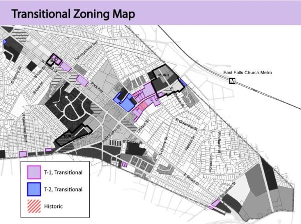 Map of Falls Church City with zoning blocks made visible, and transitional and historic zones separately colored. (Photo courtesy of Falls Church City Planning Library.)