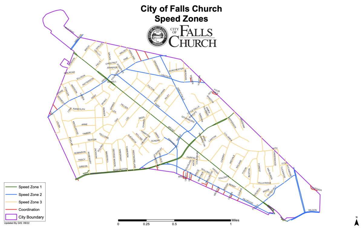A map of the city of Falls Church, with streets shown in color. Streets colored yellow are residential streets and are the ones affected by the speed limit (Photo via FCC website).