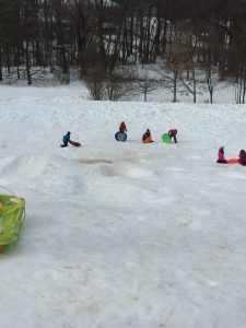 A group of sledders at the bottom of the hill at Lemon Road (Photo by Melissa Russell)