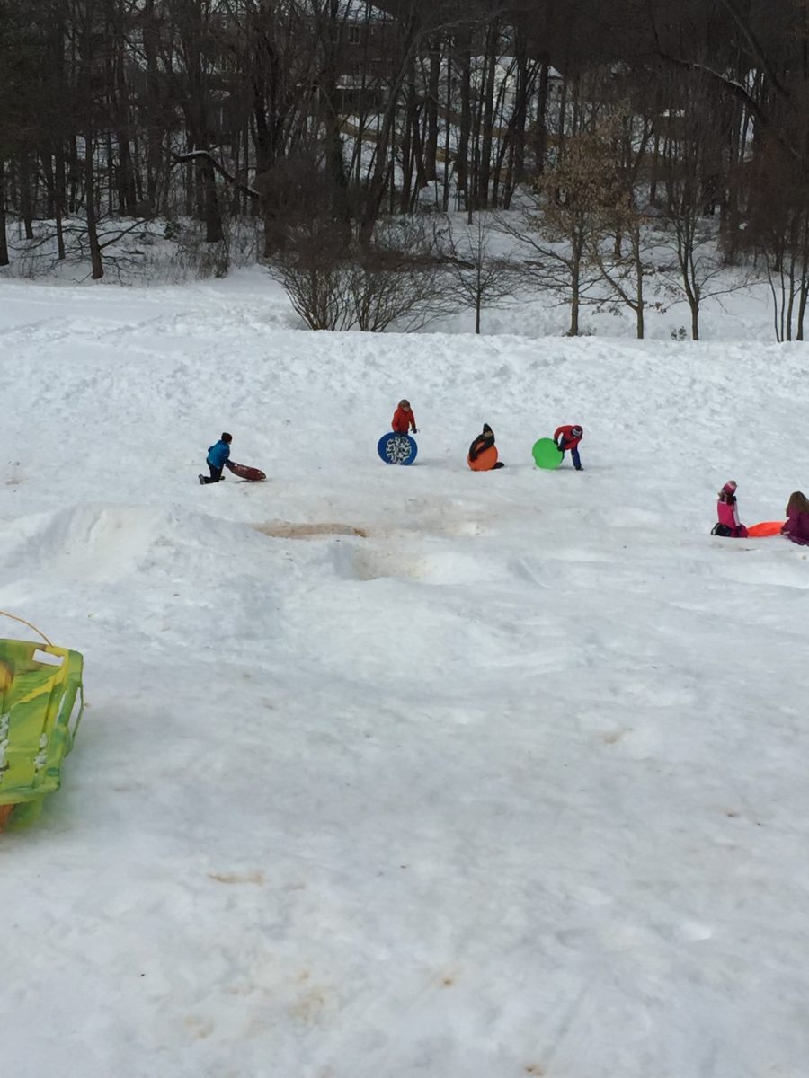 A group of sledders at the bottom of the hill at Lemon Road (Photo by Melissa Russell)
