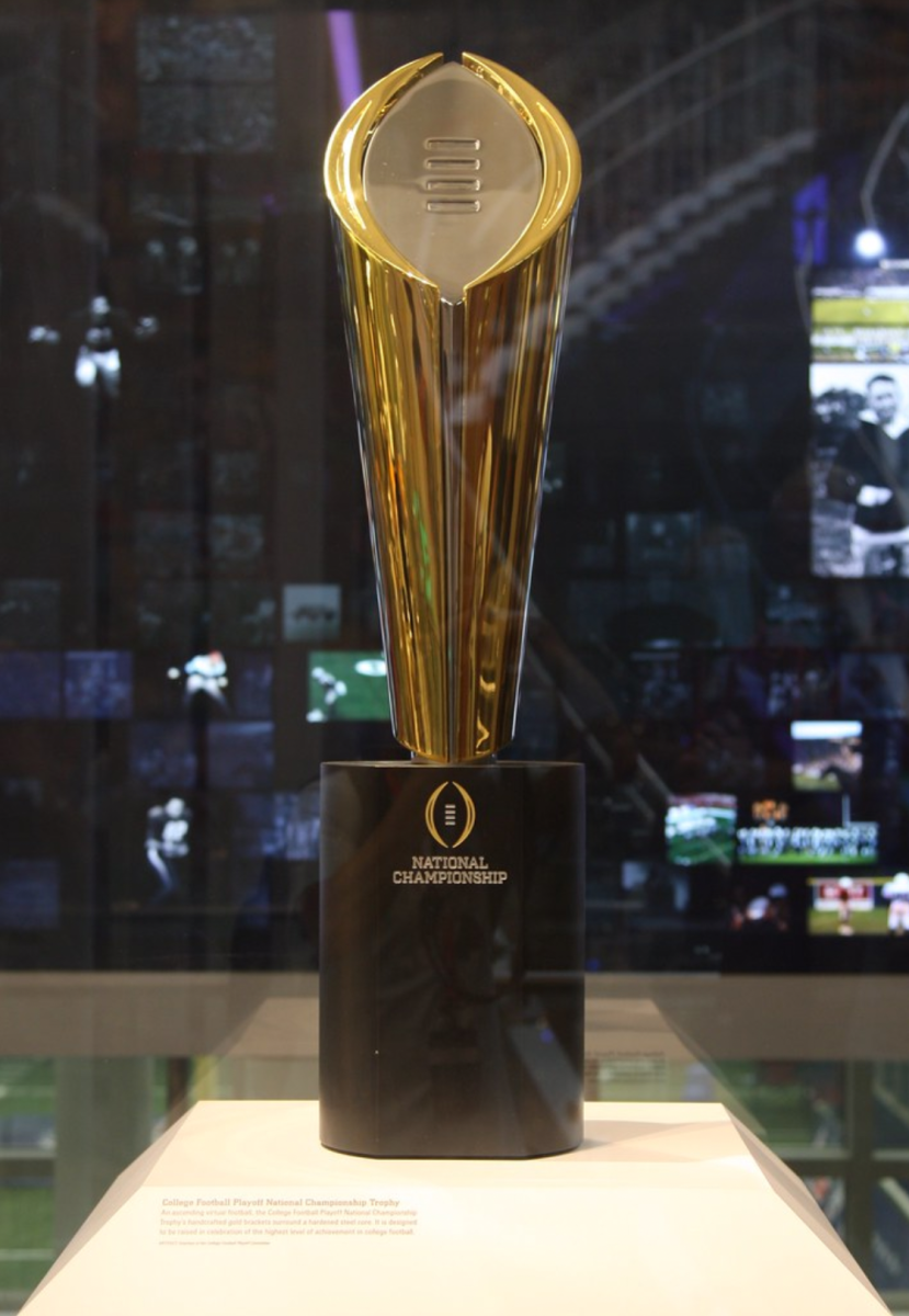 The National Championship trophy, waiting to be claimed by the winner of the game.