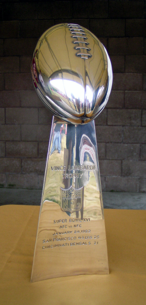  The Lombardi Trophy is presented to the winner of each year’s Super Bowl. This trophy was presented to the San Francisco 49ers for defeating the Cincinnati Bengals 26-21 in Super Bowl XVI. (Photo by Jay Peeples)