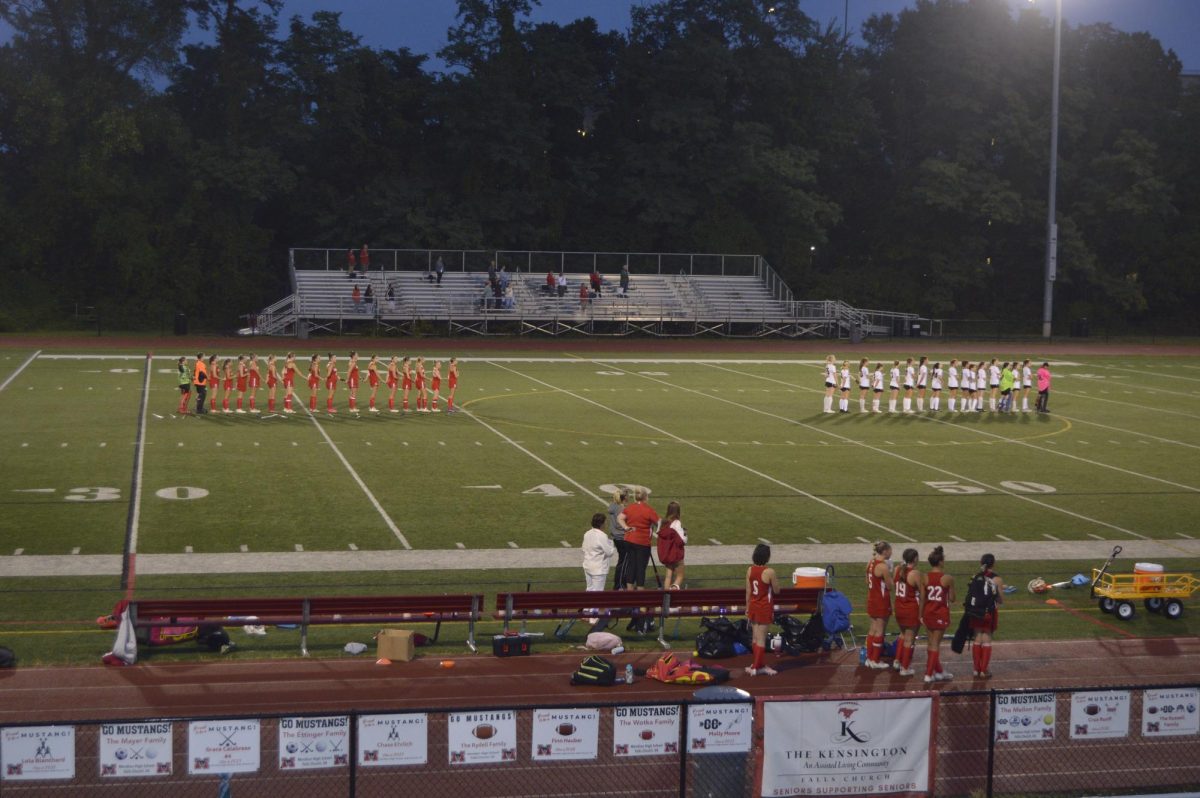 Teams salute the flag pregame during the national anthem. (Photo by Ryan Degnan)