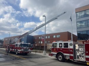 Fire trucks arrived at Meridian high school not long after the fire alarm went off. (Photo by Rachel Grooms)