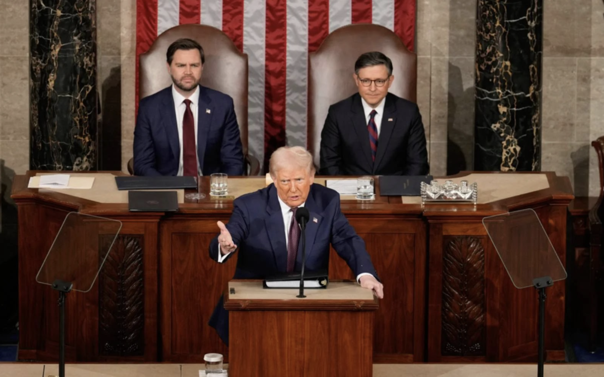 President Donald Trump addresses the joint congressional session in front of Vice-President JD Vance (left) and Speaker of the House Mike Johnson (right). (Photo via Free Malaysia Today)