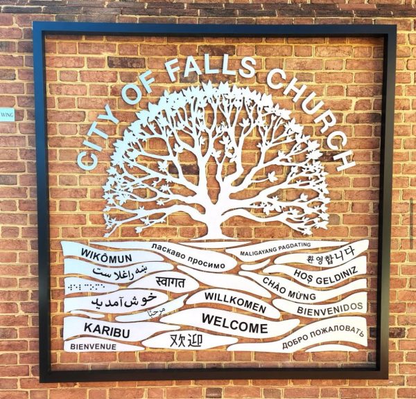 The new Falls Church welcome sign was designed to promote inclusion and diversity. (Photo via @fallschurchgov)