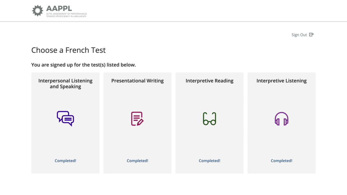 The French AAPPL testing home screen displays the four different segments of the test. (Photo by Layla Kozbelt)